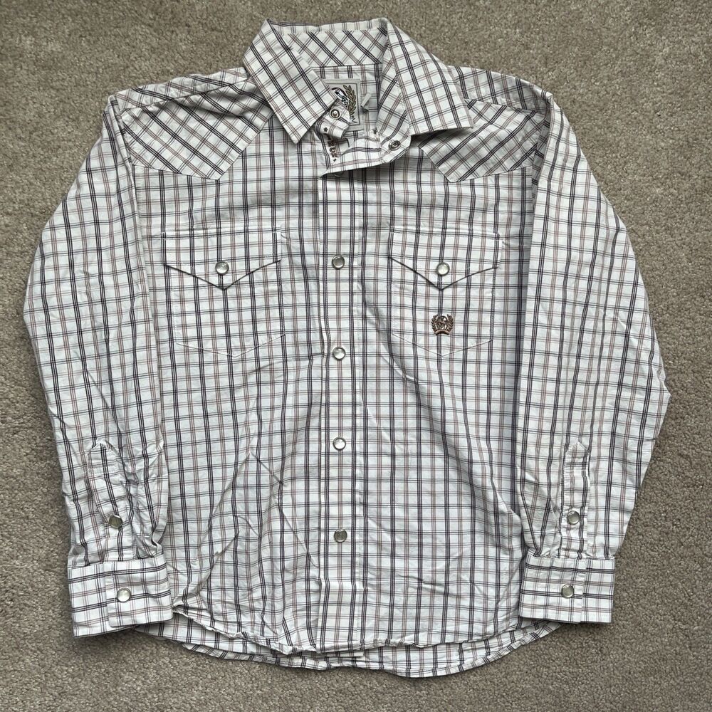 Cinch Button Up Shirt Pearl Snap Boys Medium White Plaid Western Button Cowboy